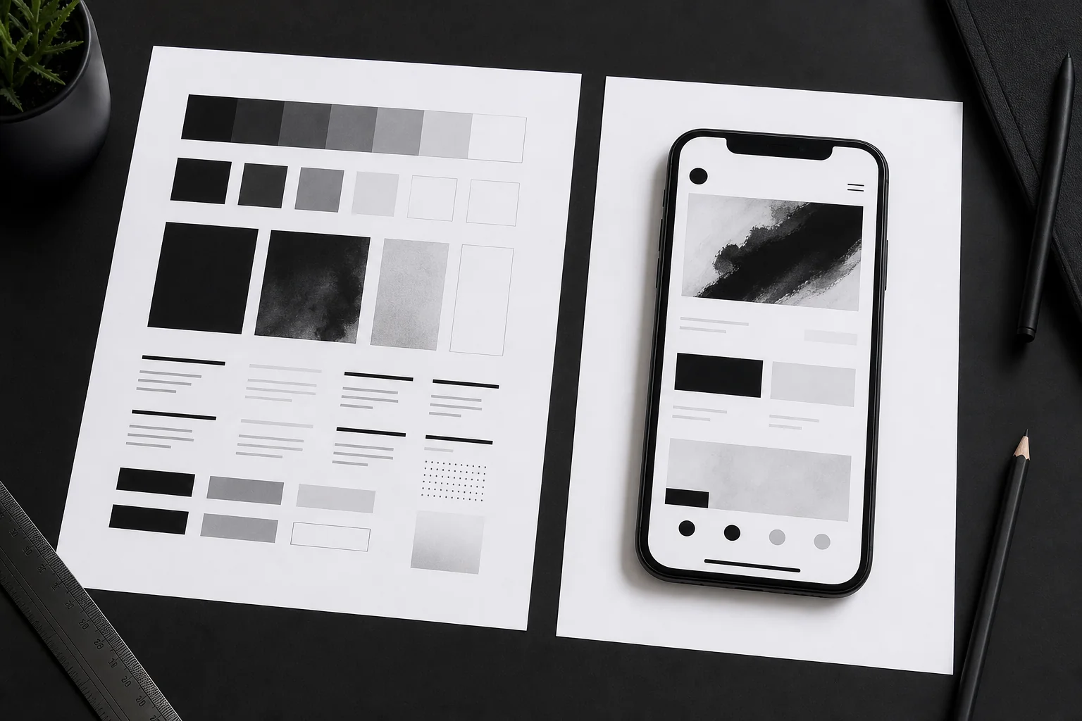 photorealistic: A clean flat-lay photograph of two large printed design boards placed side by side on a black desk: one showing an abstract grid of color swatches and typography samples arranged like a style guide, the other showing a