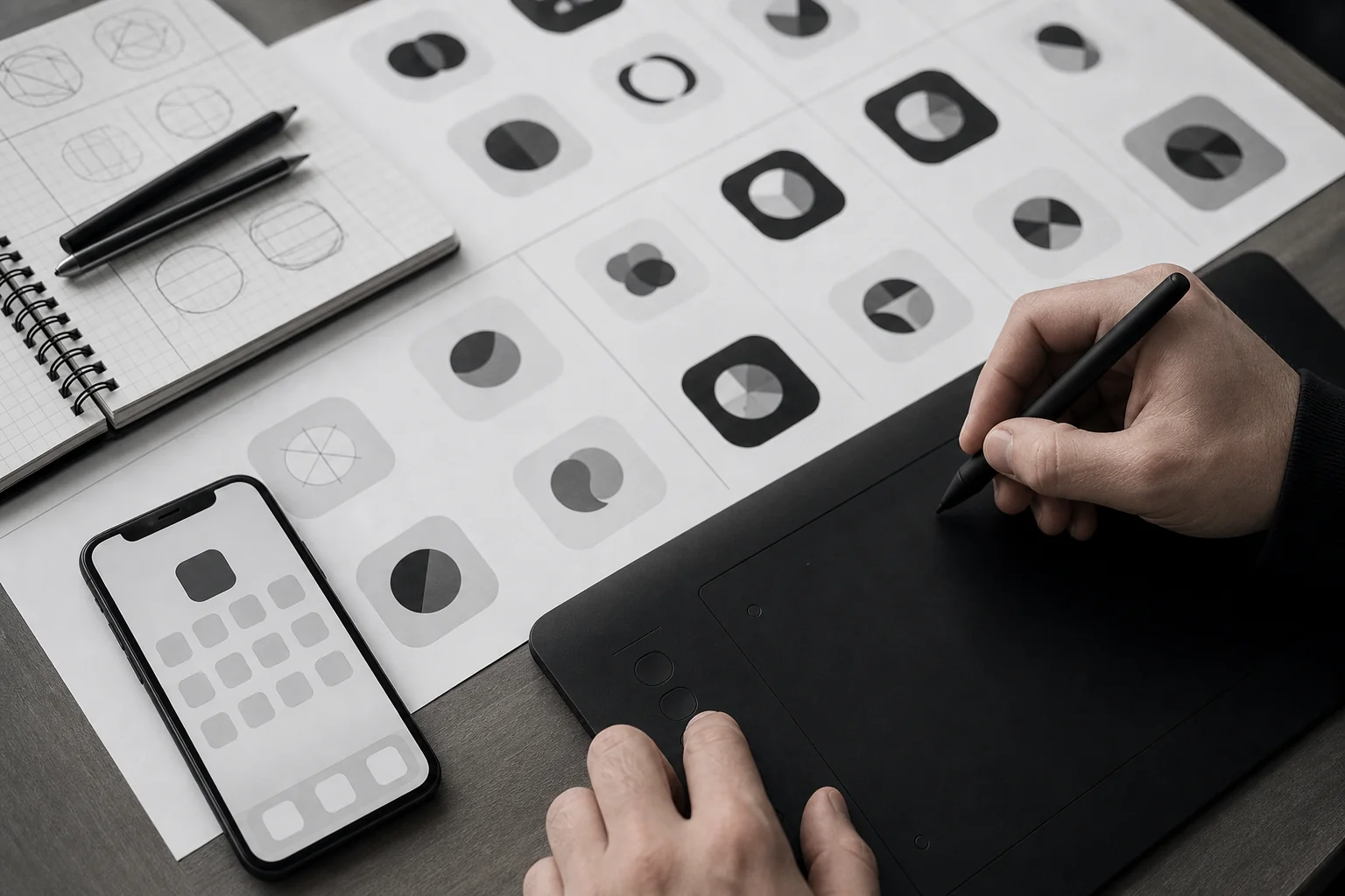 Close-up of a designer's desk showing logo concept sketches and a tablet with design software open, black and white palette. photorealistic: An overhead close-up shot of a designer's workspace during a logo design session, featuring a