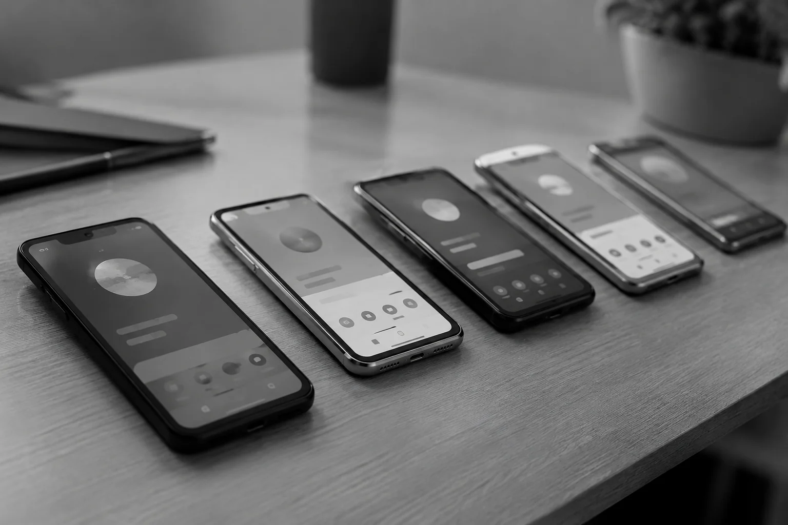 Several smartphones on a desk running an app for device compatibility testing