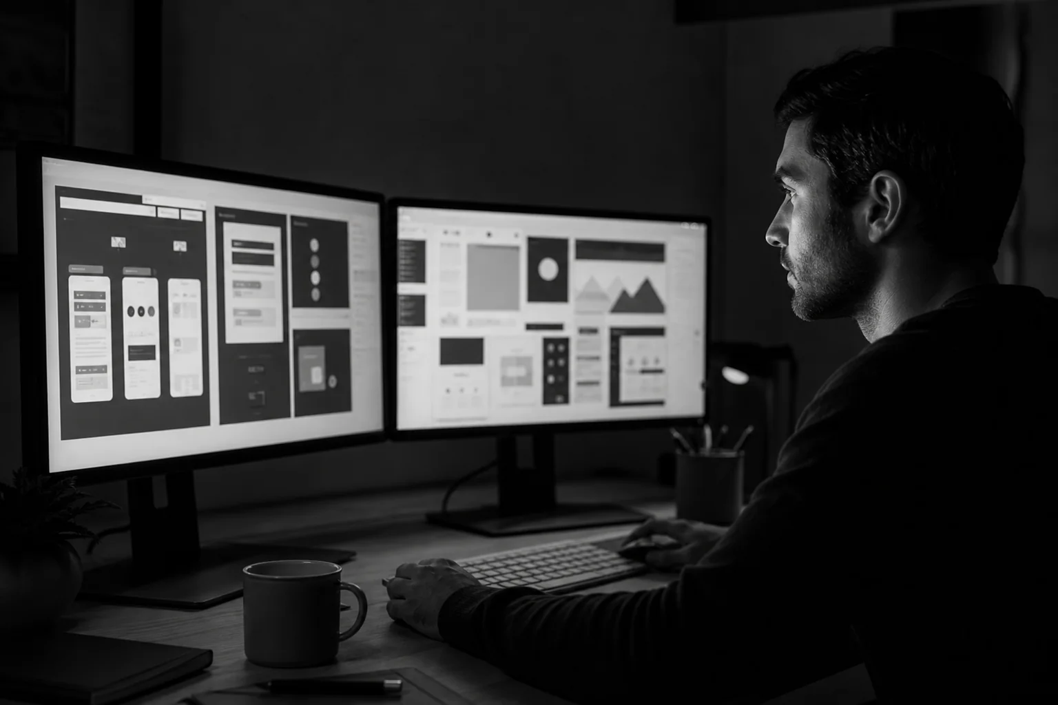 Developer comparing two application interfaces on dual monitors. photorealistic photo of a software developer sitting at a desk with two monitors displaying different app interface layouts side by side, dark room with monitor glow, black