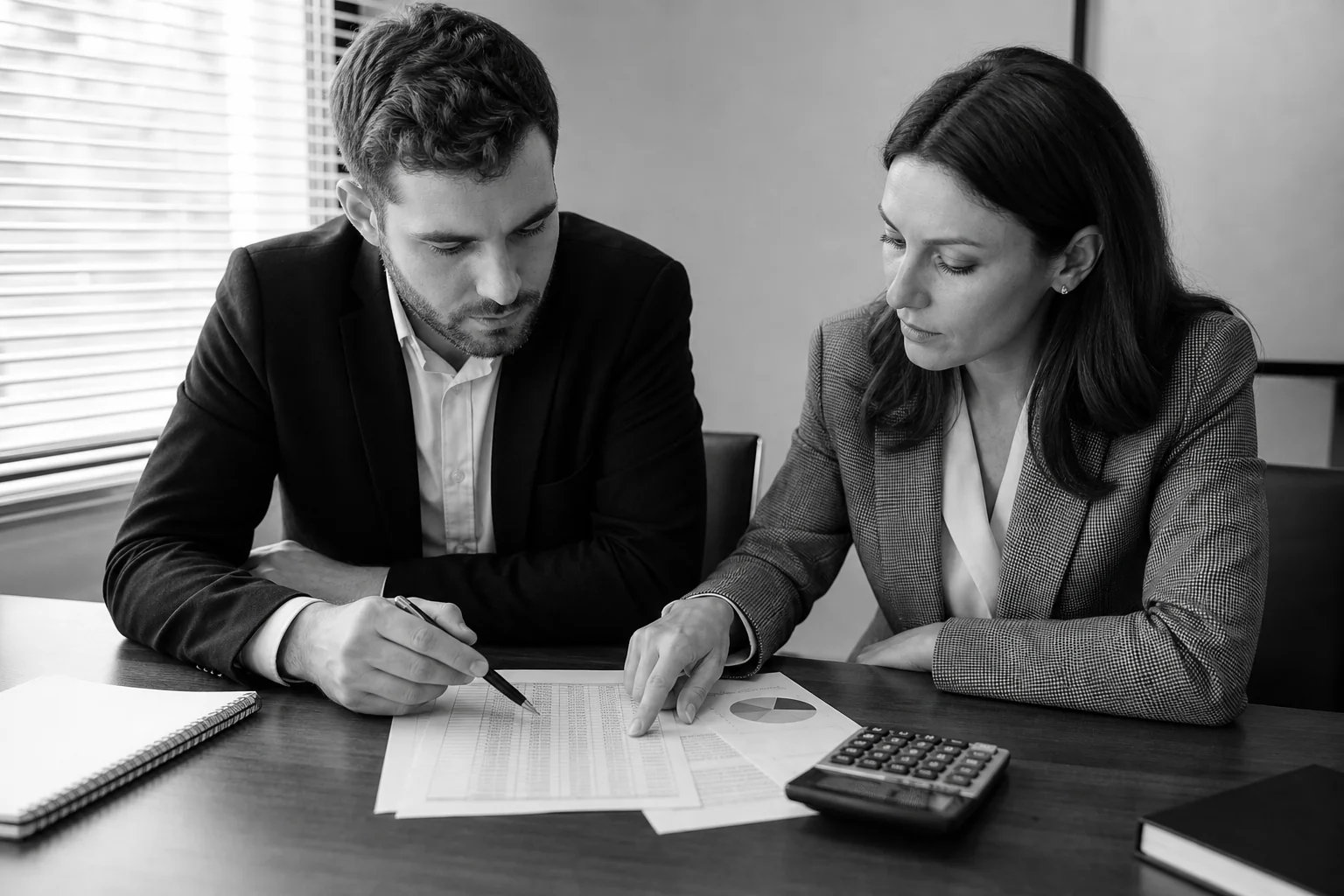 Close-up of two people discussing a budget breakdown document. photorealistic photo of two professionals in a small meeting room reviewing a printed budget breakdown sheet with a calculator on the table, monochrome black and white styling
