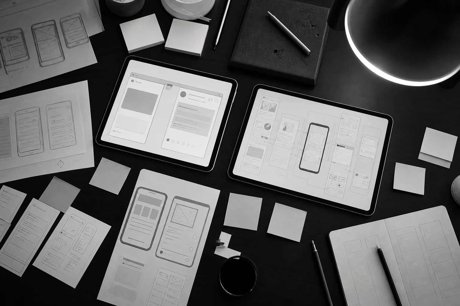 Photorealistic photo of a designer's desk with two tablets side by side, one showing a subtle interface sketch update and the other showing a full wireframe teardown with sticky notes and printed screens scattered around, monochrome black