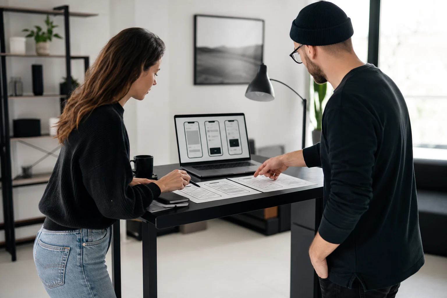 Photorealistic photo of a UI/UX designer and a developer collaborating at a standing desk, pointing at wireframe sketches and a laptop showing app prototype screens, modern black and white interior, natural lighting, focused collaborative