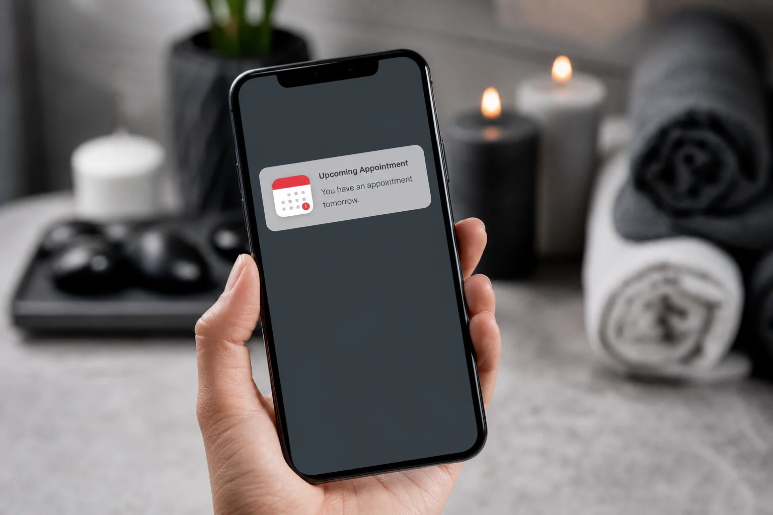 Close-up of a smartphone showing a spa appointment reminder notification. photorealistic, natural photography style: close-up shot of a hand holding a smartphone displaying an appointment reminder notification with a calendar icon, set