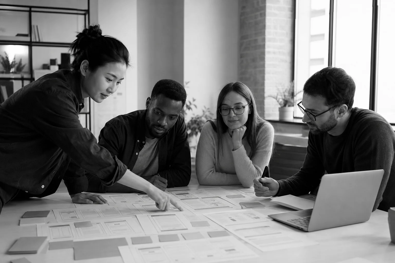 Development team collaborating on a discovery and planning session with wireframes and documents. Photorealistic photo of a small diverse software development team gathered around a table covered with wireframe sketches, sticky notes, and a