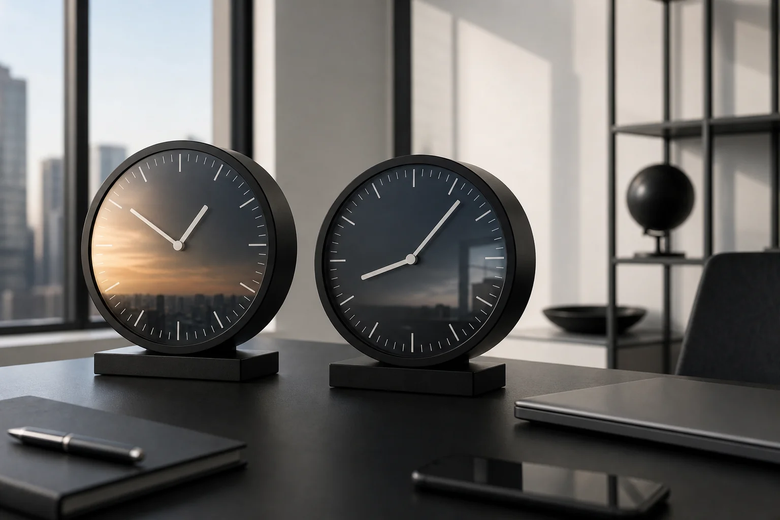 Photorealistic photo of two world clocks on a clean black desk showing different time zones, one labeled visually by lighting as afternoon and one as morning, minimalist black and white interior, soft natural light, modern office setting