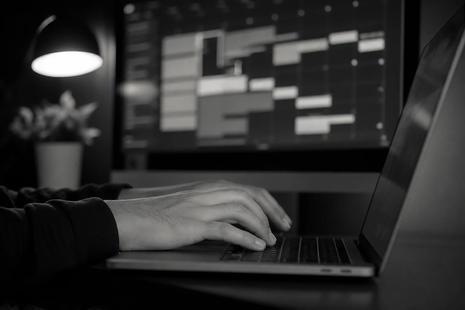 Close-up of a developer's screen showing calendar and scheduling architecture, symbolizing backend data modeling work. photorealistic close-up shot of a software developer's hands typing on a laptop keyboard, monitor in soft focus