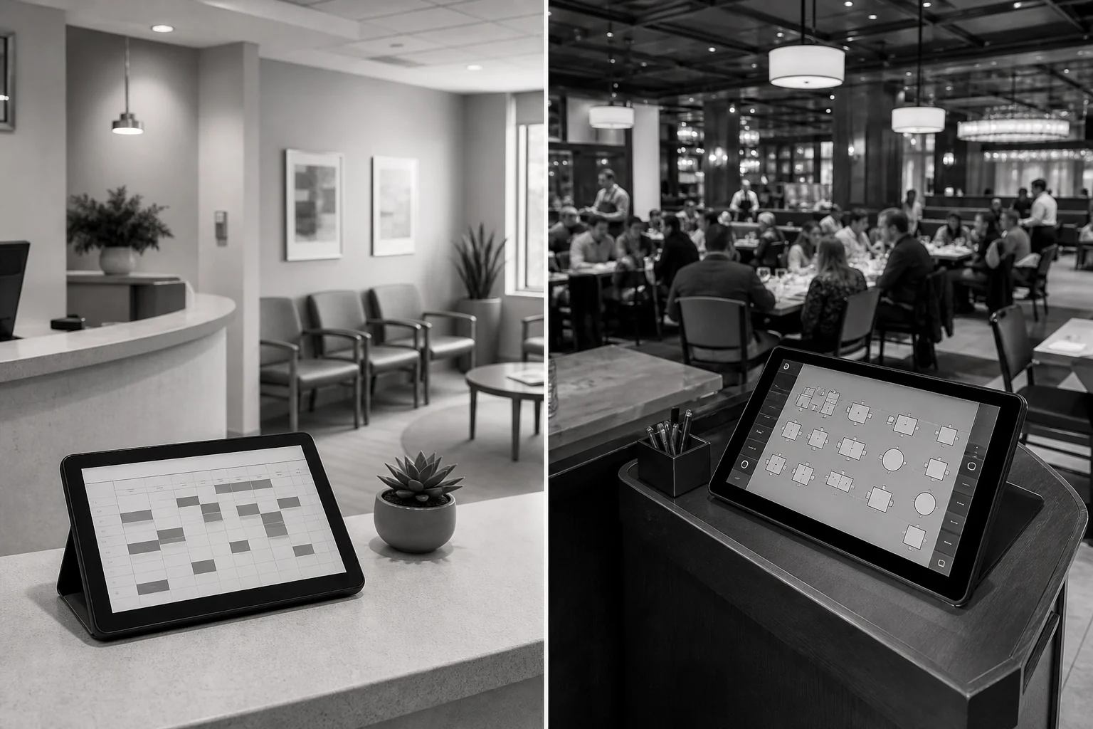 Split-screen comparison of a clinic waiting room and a restaurant dining floor to visually represent two different booking use cases. photorealistic split composition: left half shows a calm modern medical clinic waiting area with a