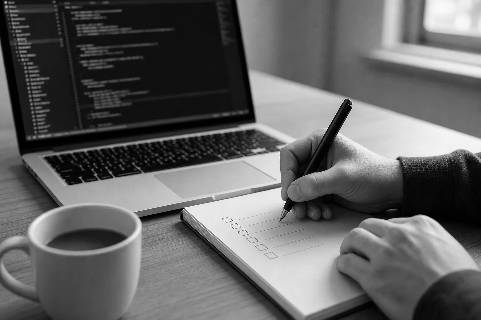 Close-up of hands writing a vetting checklist next to a laptop. Photorealistic close-up photo of a person's hands writing a checklist on paper next to an open laptop displaying a code repository, desk with coffee cup, monochrome black and