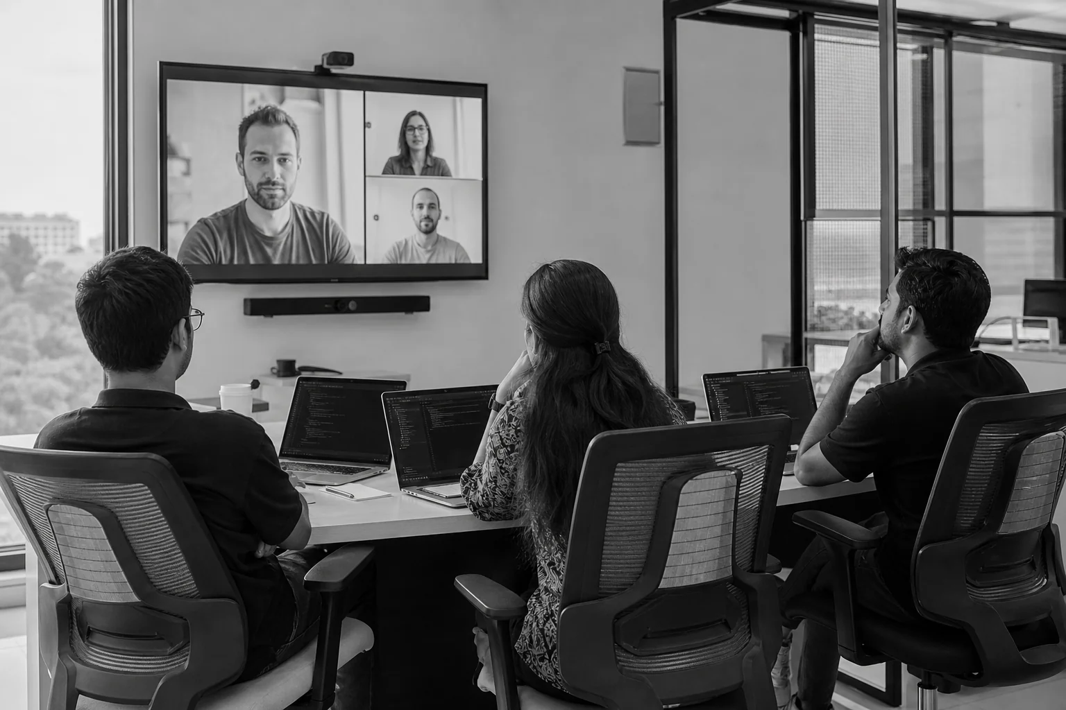 Remote development team collaborating across time zones on a video call. Photorealistic photo of a small remote software development team of three people in Ahmedabad India on a video call with European colleagues visible on a large