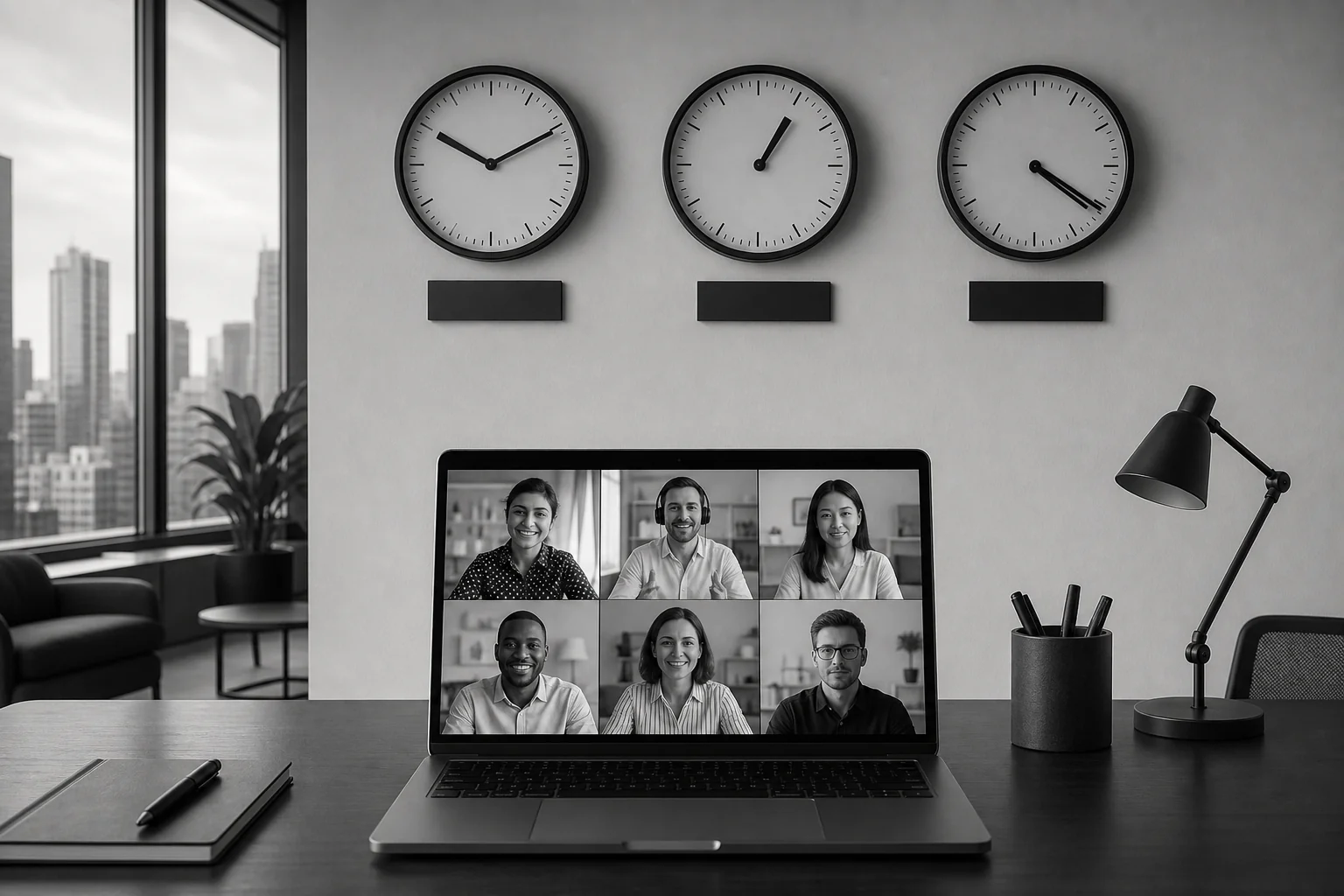 photorealistic: A wide shot of a modern office wall featuring multiple analog clocks set to different time zones (London, Amsterdam, Ahmedabad), with a laptop on a desk below showing a video conferencing call in progress. Monochrome black