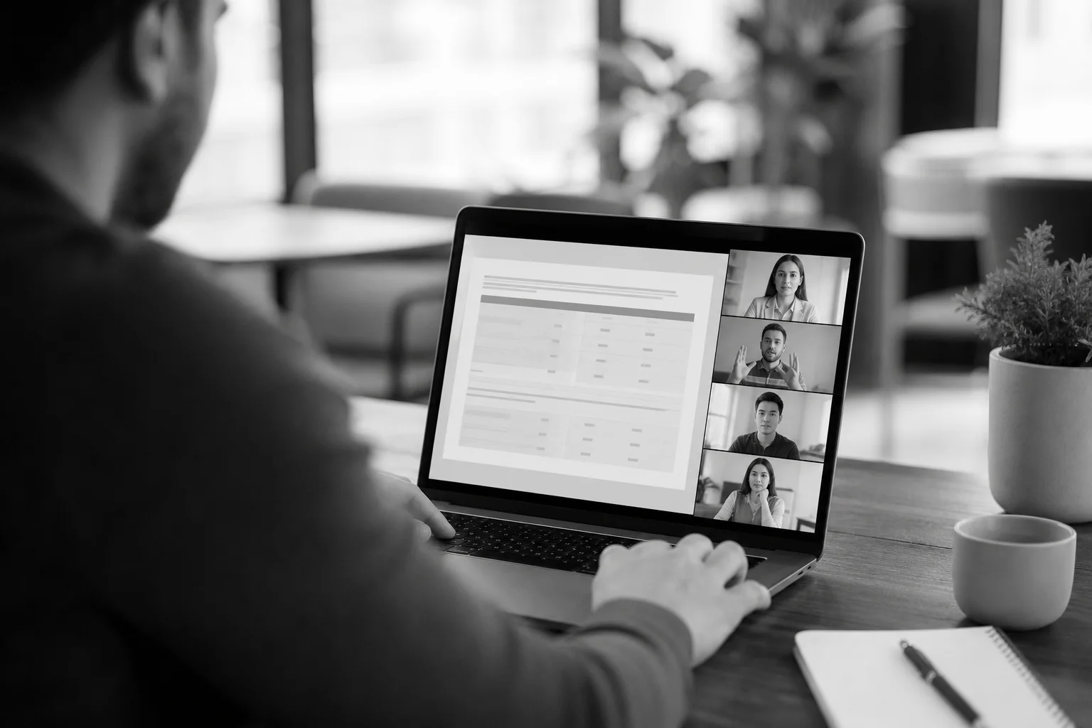 Two professionals discussing a pricing proposal on a laptop screen during a video call. photorealistic: Close-up over-the-shoulder shot of a laptop screen showing a video call between a startup founder and a software development team, with