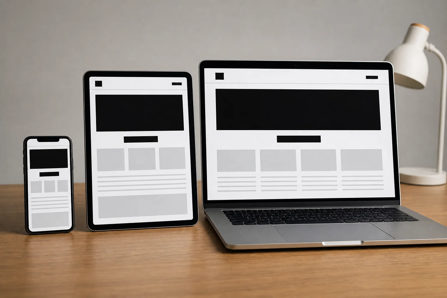 Multiple devices of different sizes showing a responsive layout side by side. Photorealistic photo: a smartphone, tablet, and laptop arranged together on a wooden desk each displaying a simplified abstract website layout in black and white