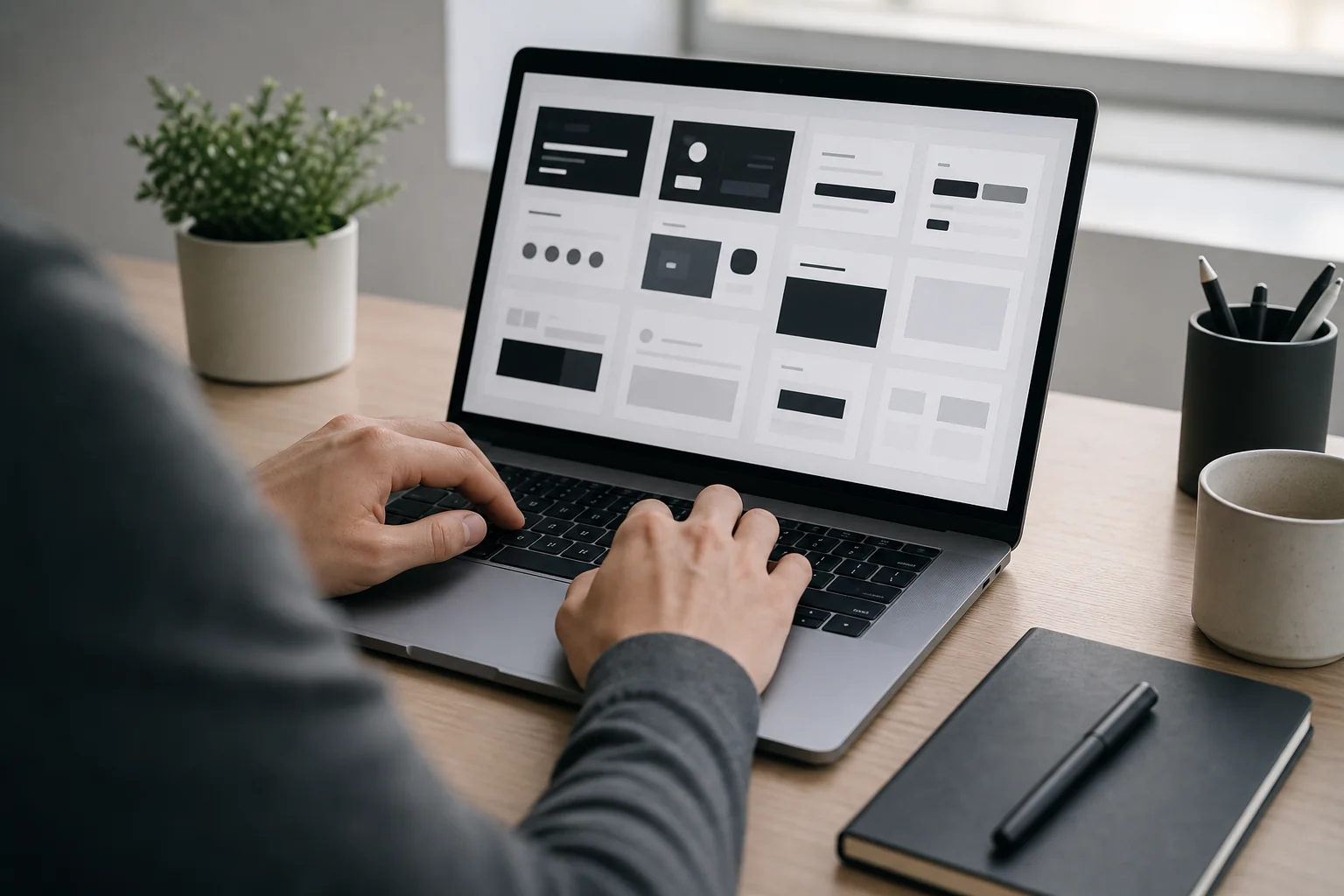 Close-up of a designer working in a component-based design tool on a laptop. Photorealistic photo: close-up over-the-shoulder shot of hands typing on a laptop keyboard with a screen showing a grid of abstract UI component blocks and cards