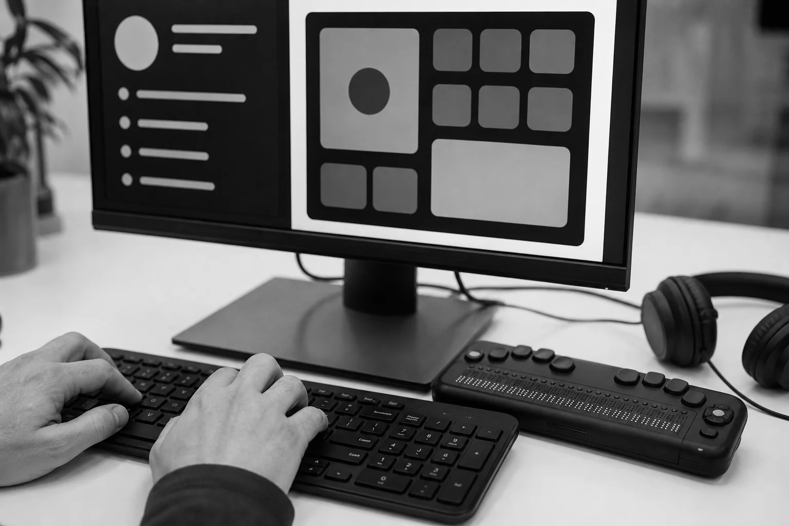 Close-up of hands testing an interface for accessibility using keyboard navigation. photorealistic: Close-up photo of a person's hands typing on a keyboard while navigating a high-contrast app interface on a monitor, black and white color