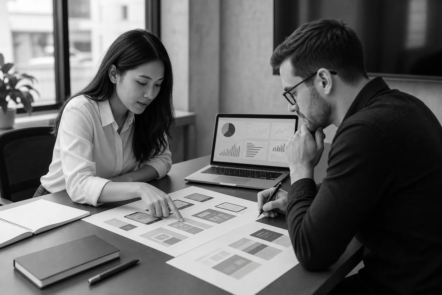 Two designers reviewing printed portfolio mockups and analytics charts side by side. photorealistic: Two professionals in business casual attire reviewing printed UI mockups and a laptop showing analytics graphs on a conference table, black