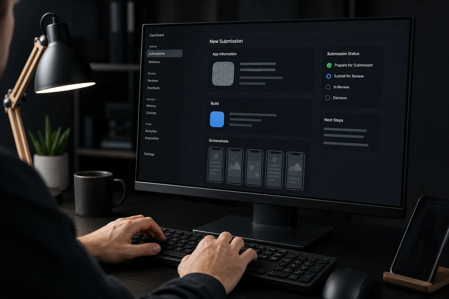 Developer submitting a mobile app for review on a desktop screen. Photorealistic photo of a developer's hands typing on a keyboard in front of a desktop monitor displaying a mobile app store submission dashboard interface, dark modern