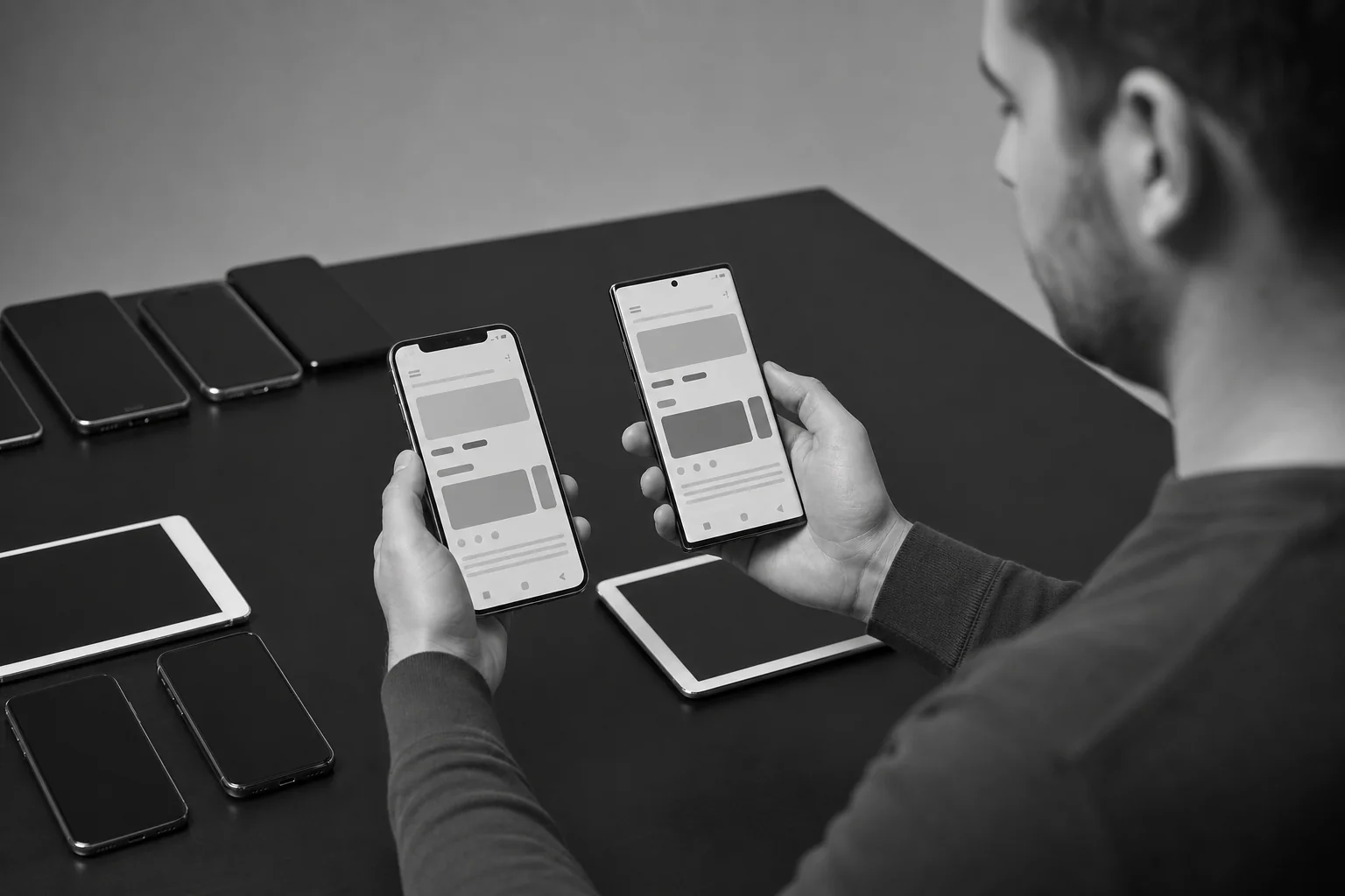 Photorealistic photo of a quality assurance tester holding and comparing an iPhone and an Android smartphone side by side on a desk covered with additional test devices, testing a mobile application interface, black and white color grading