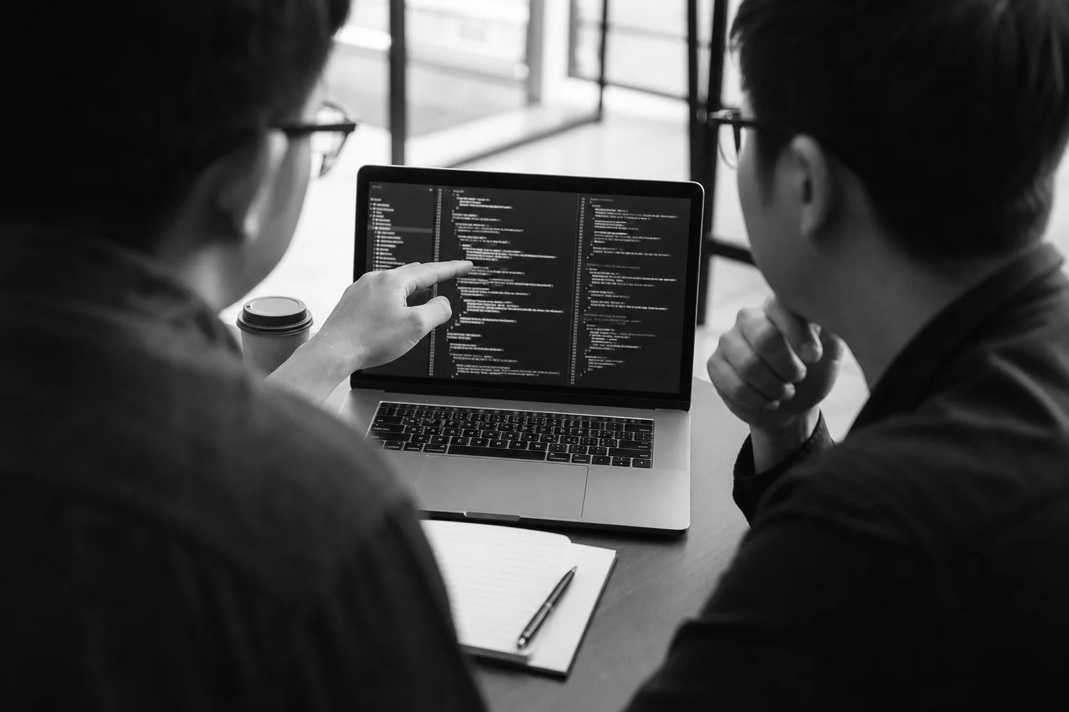 Close-up of a technical interview or code review session on a laptop screen. photorealistic: Close-up over-the-shoulder shot of two professionals reviewing lines of code on a laptop screen during a technical interview, one pointing at the