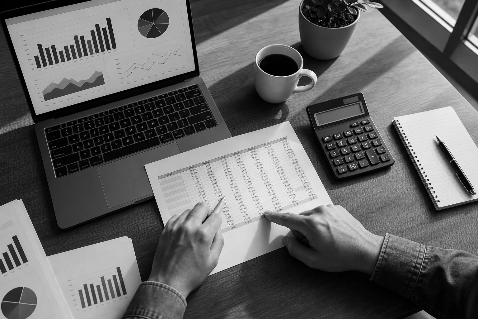 A person calculating budget and reviewing contract or pricing documents on a desk. photorealistic: Overhead shot of a desk with a laptop showing charts, a printed spreadsheet with cost figures, a calculator, and a cup of coffee, hands of a