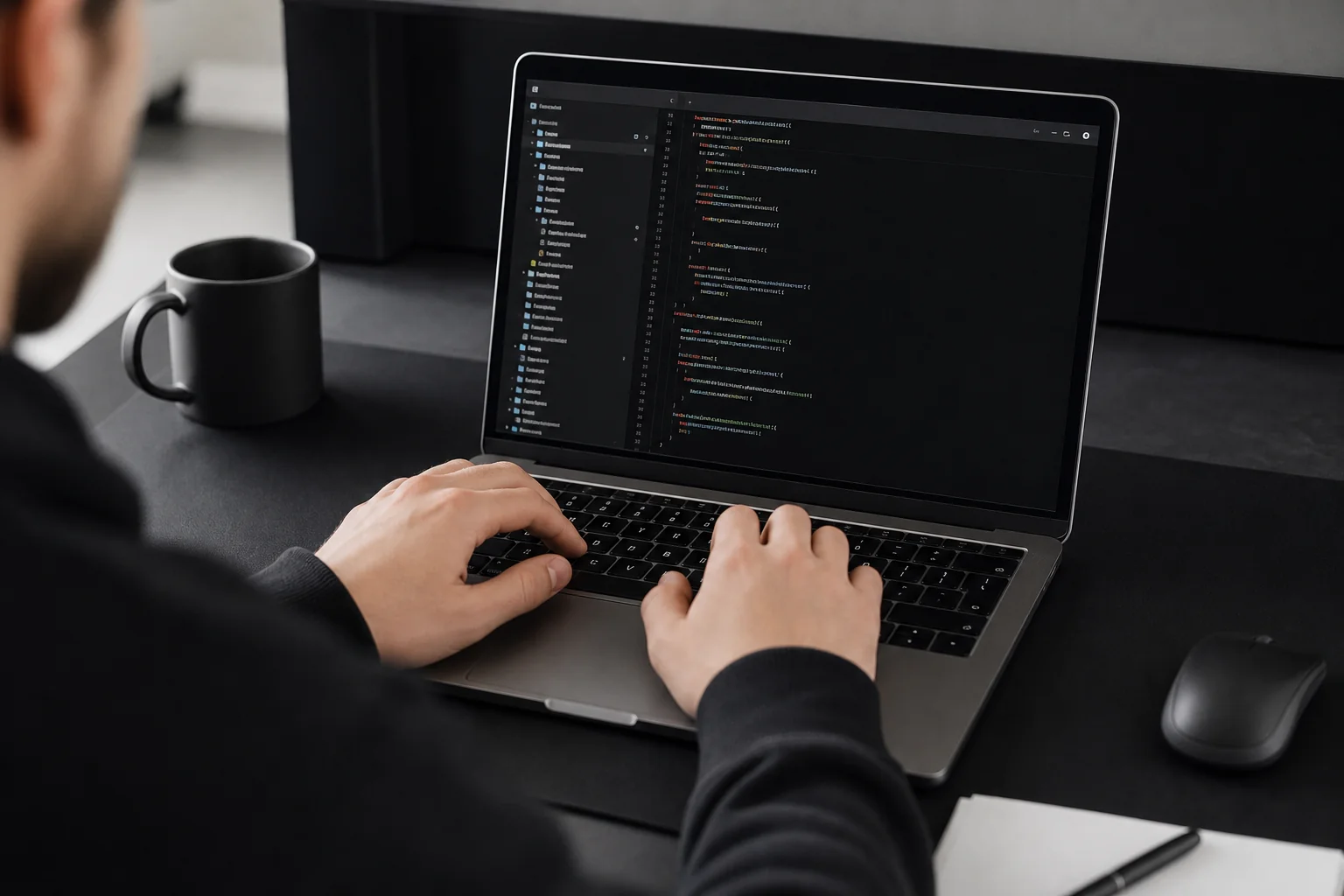 Close-up of a developer's screen showing organized, modular code structure. Photorealistic photo: close-up over-the-shoulder shot of a developer's hands typing on a laptop keyboard, monitor showing neatly organized folders and code editor