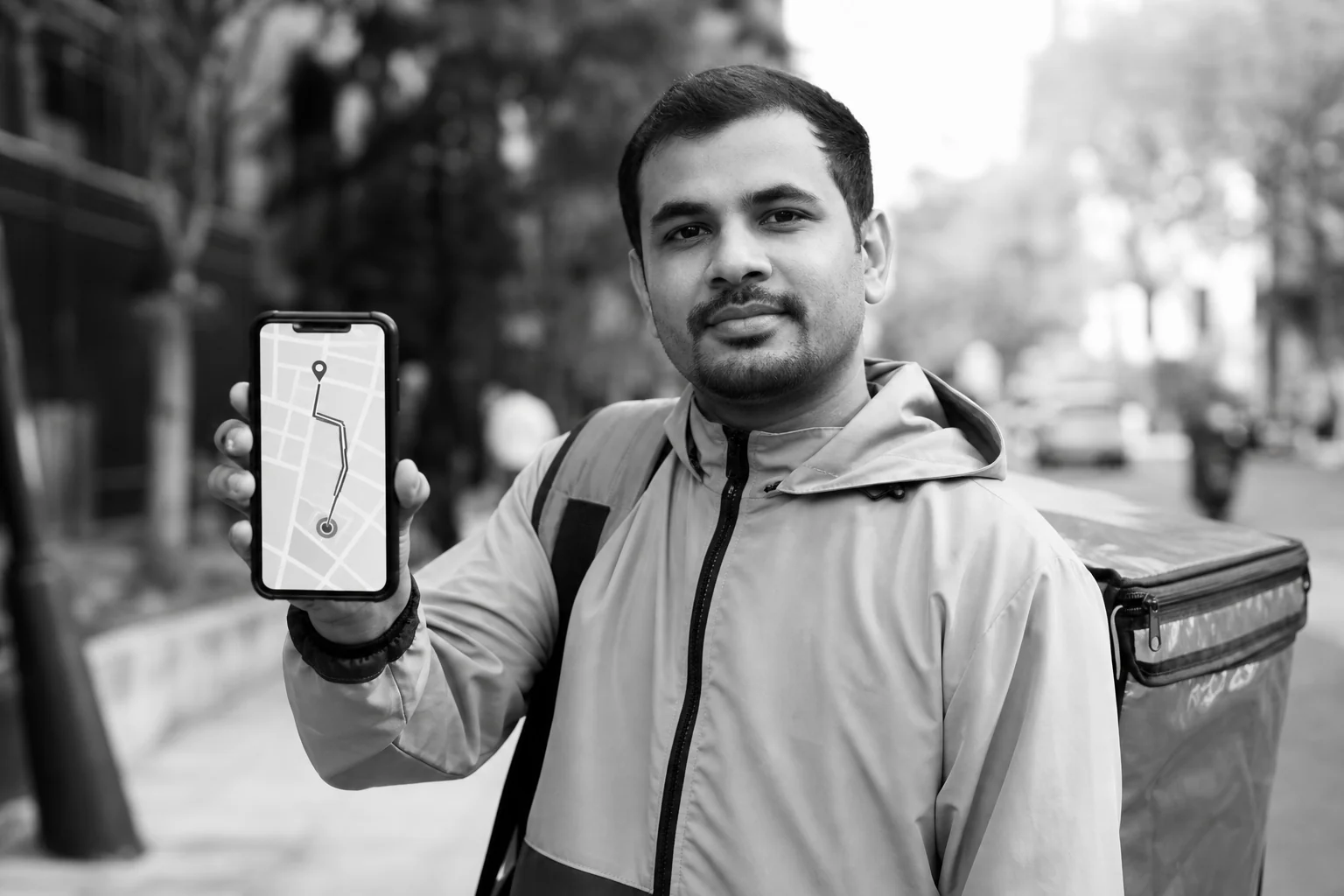 Close-up of a delivery driver checking an order on a smartphone next to a food delivery bag. Photorealistic close-up photo of a food delivery courier holding a smartphone showing an order tracking map screen, insulated delivery bag visible