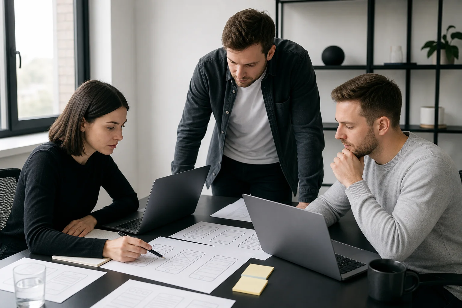 A small development team in a lean studio setting sketching app wireframes for a restaurant client. Photorealistic photo of a small software development team of three people around a desk with laptops and printed wireframe sketches of a