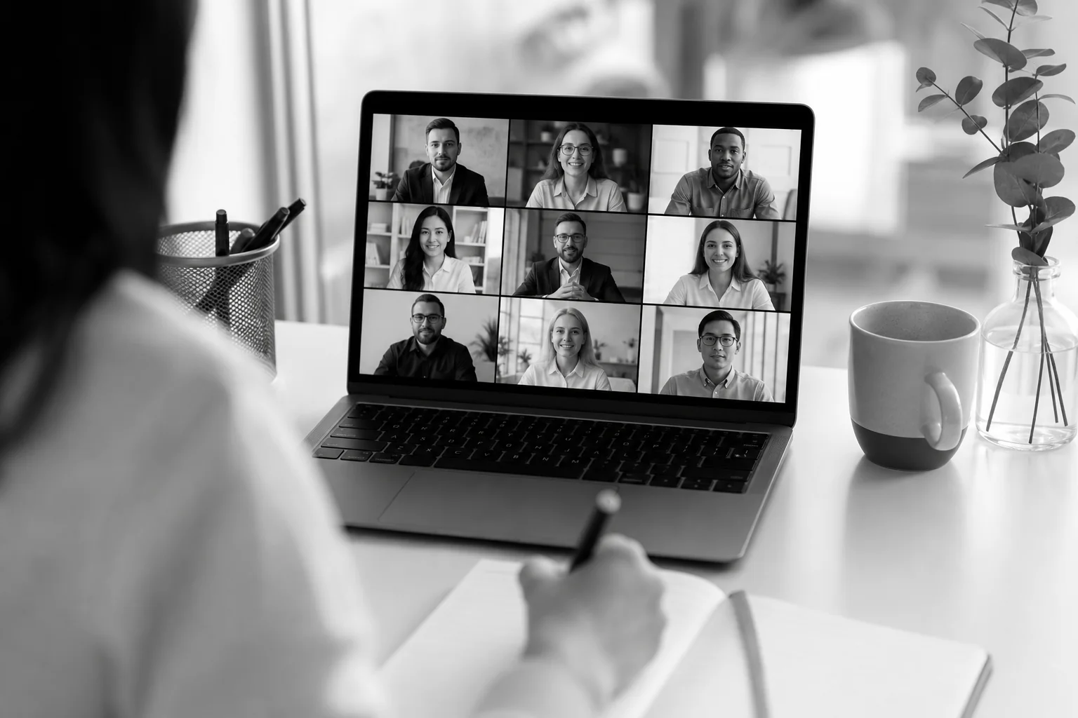 Photorealistic photo of a professional video call in progress on a laptop screen placed on a clean white desk, showing a grid of remote team members in a video conference, shot from behind the laptop over the shoulder of a person taking