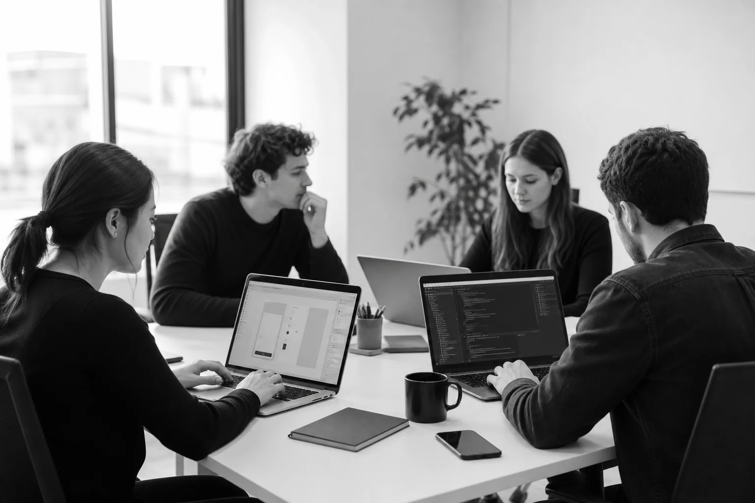 A small cross-functional development team collaborating together, representing full-stack developers, UI/UX designers, and strategists working as one unit. Photorealistic photo of a small cross-functional tech team of four people