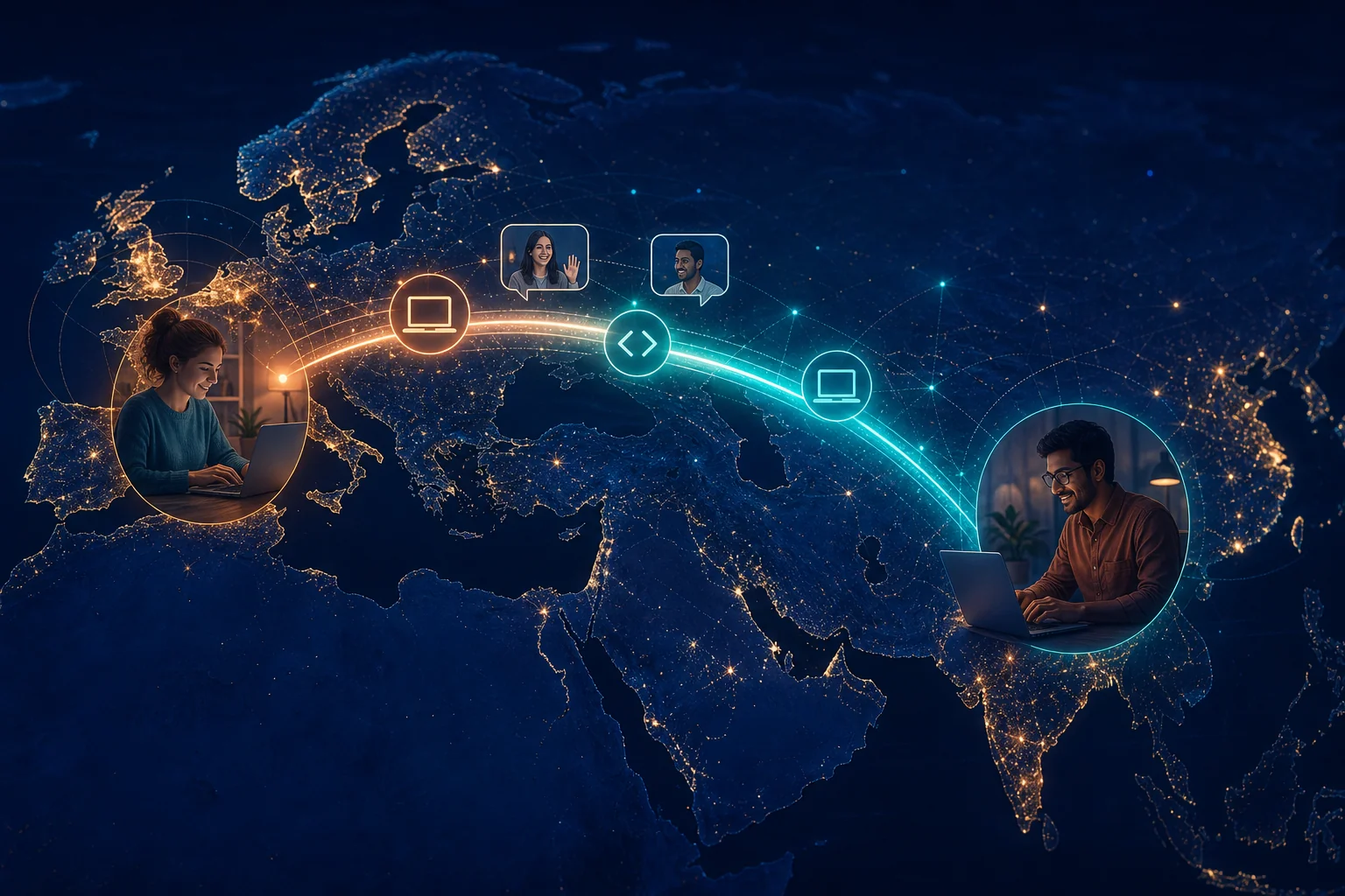 Illustration of a glowing digital connection between Western Europe and India representing timezone-friendly SaaS development collaboration