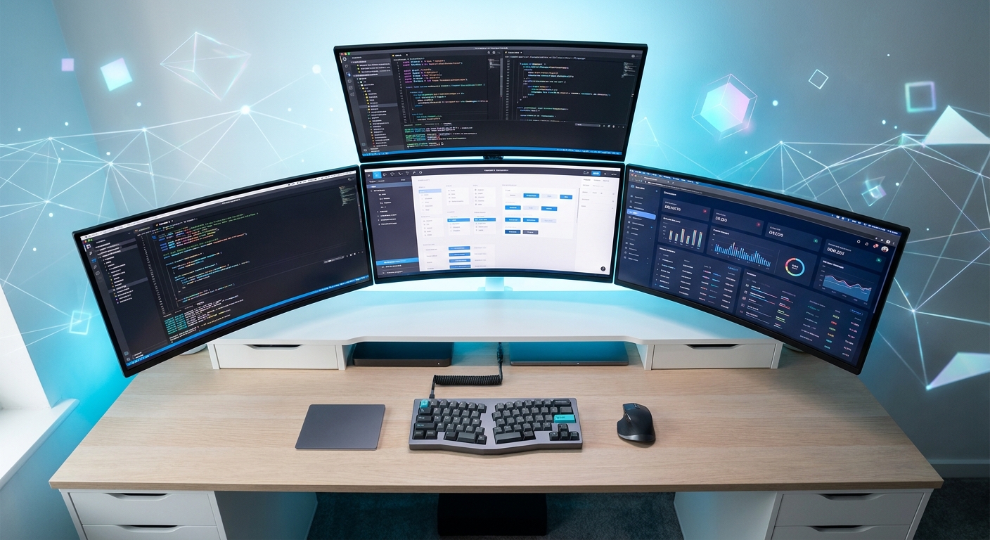Modern web development workspace with multiple screens showing code and UI dashboards in 2026