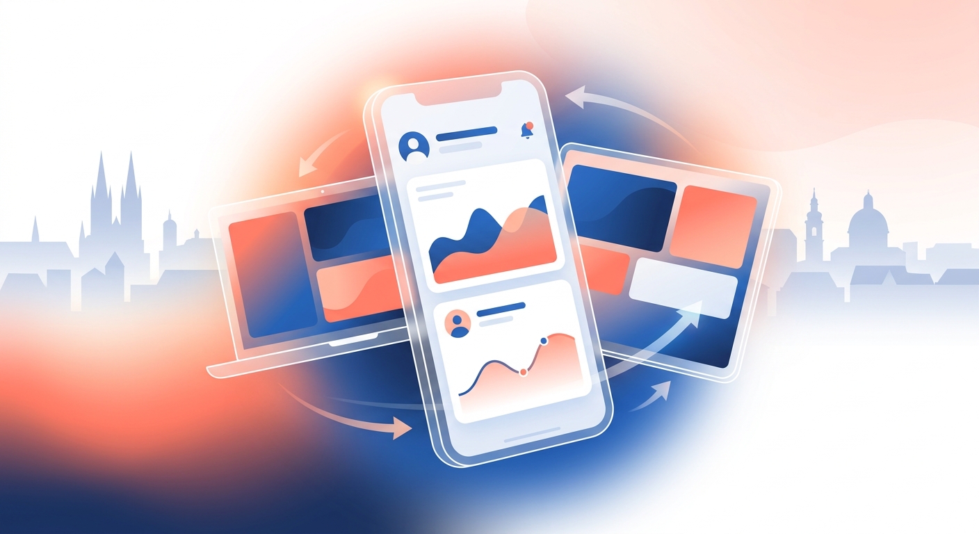 Progressive web app mobile-first experience shown across smartphone, tablet, and laptop devices