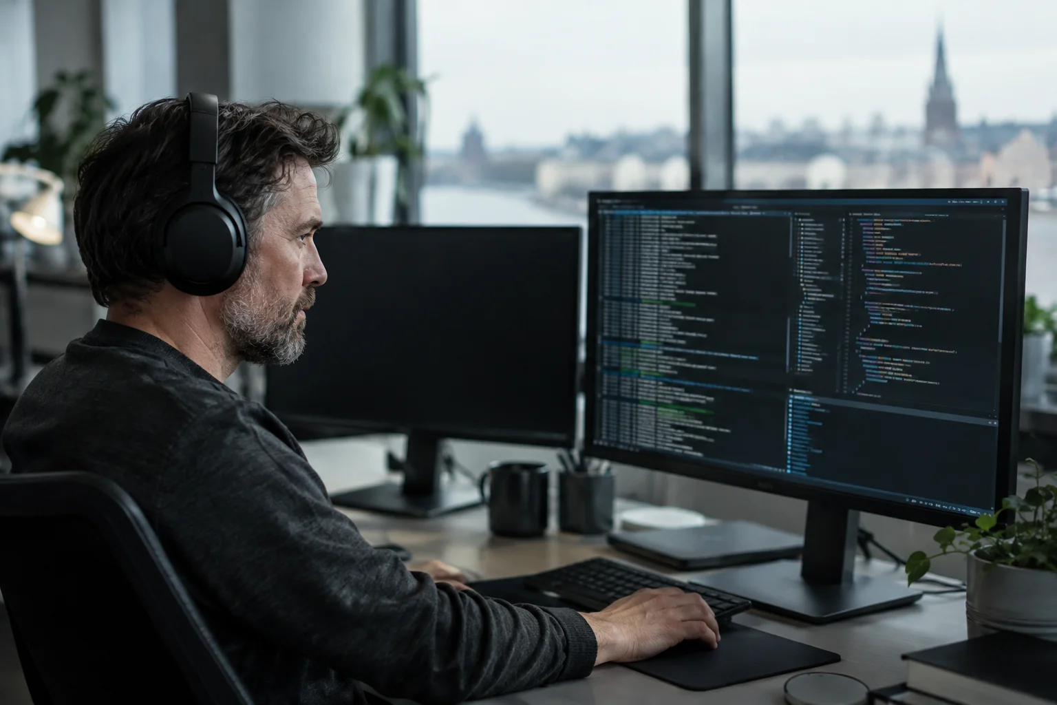 Backend developer watching event logs on a monitor while building a billing webhook handler