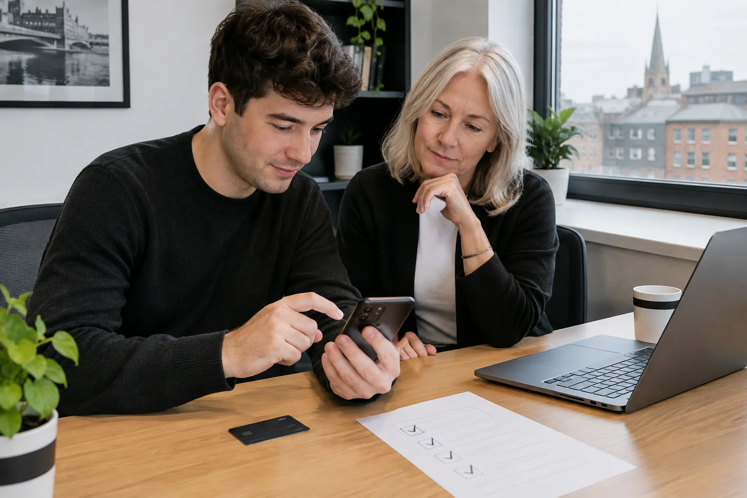 Two colleagues testing a card payment on a phone and laptop at a shared desk before launch