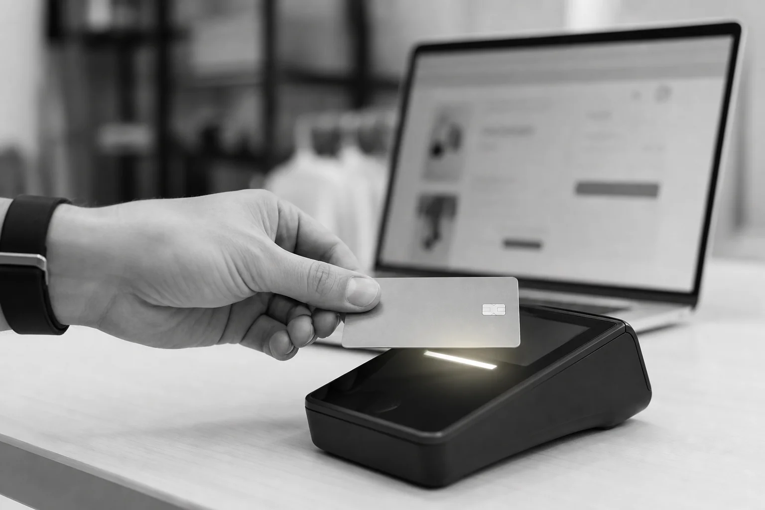 Photorealistic close-up photo of a hand tapping a contactless payment card against a modern point-of-sale terminal, with a laptop showing an online checkout page blurred in the background. Black and white color grading with a single subtle