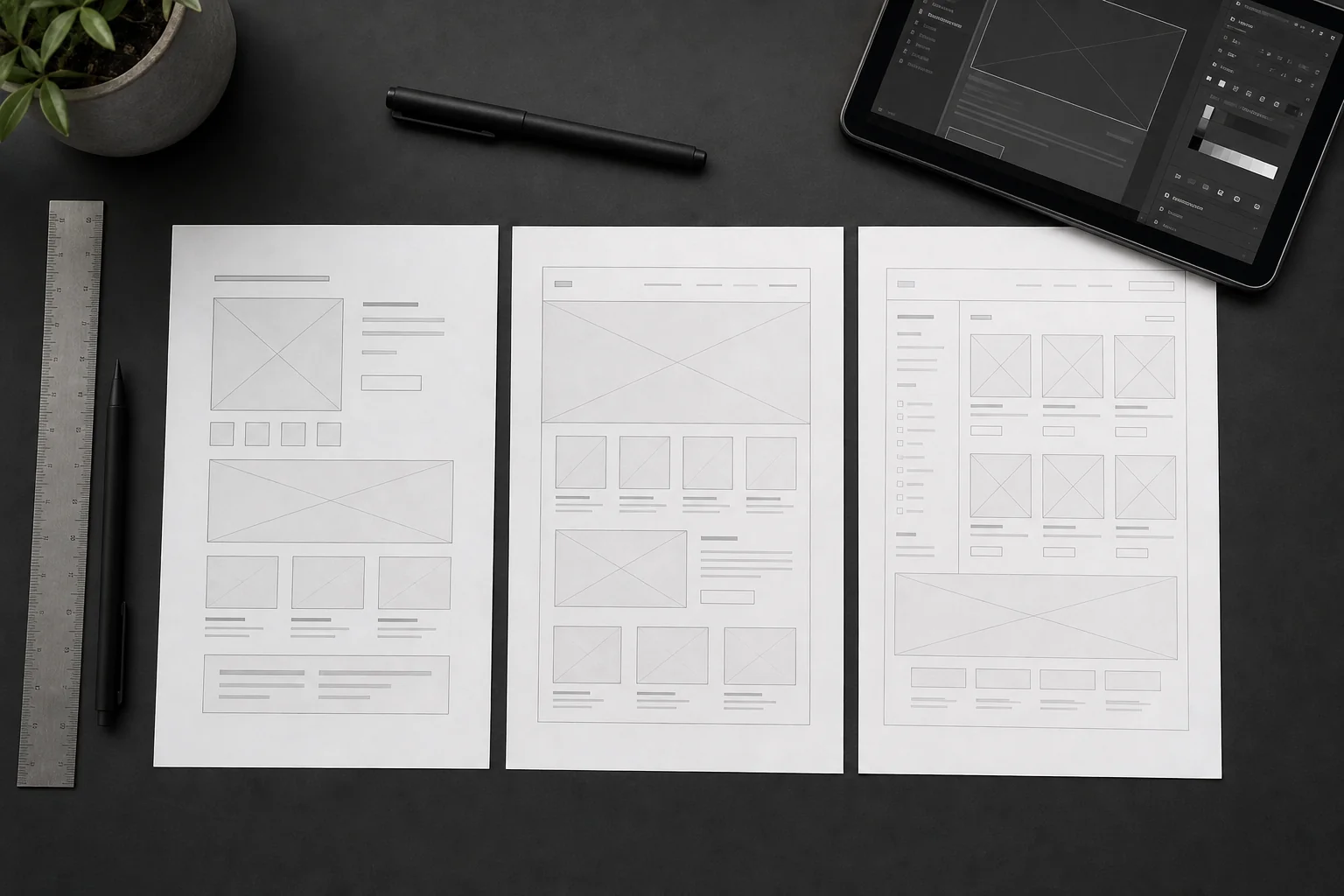 Photorealistic photo of a designer's desk from overhead, showing three printed wireframe layouts of different complexity arranged side by side, from a simple single-column product page to a complex multi-section storefront with grids and