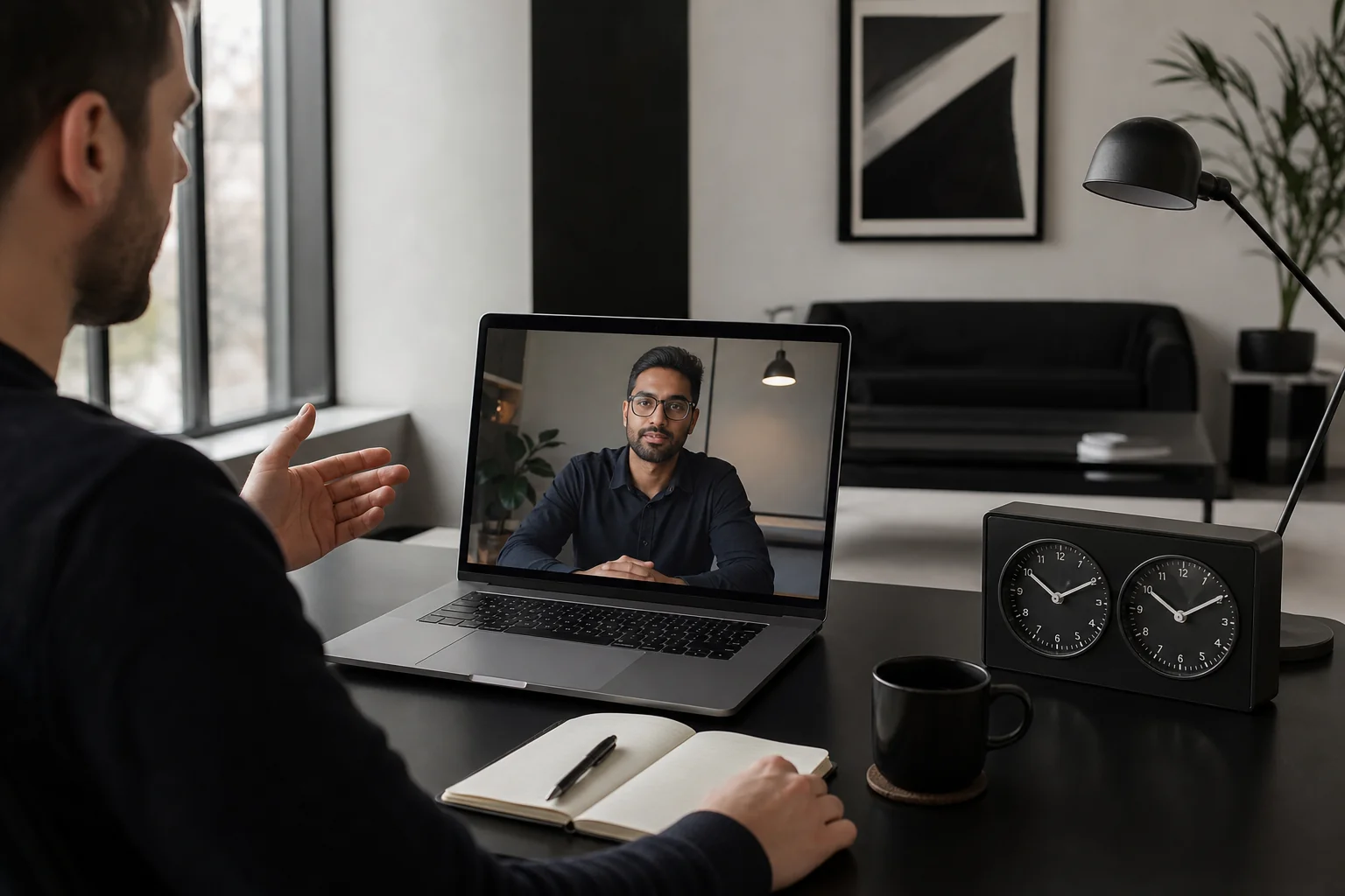 Photorealistic photo of a developer on a video call visible on a laptop screen, with a world clock or dual timezone clock visible on the desk showing different times, in a modern minimalist studio office. Black and white interior design