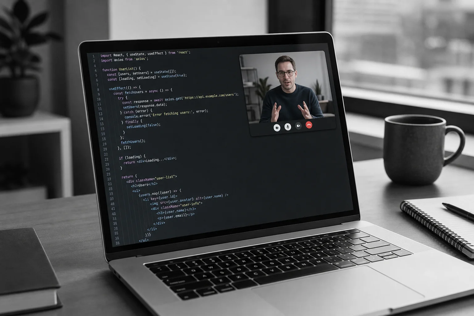Close-up of a laptop screen showing React code with a video call window open in the corner, representing remote collaboration between an offshore developer and a European client. Photorealistic close-up photo of a laptop screen displaying