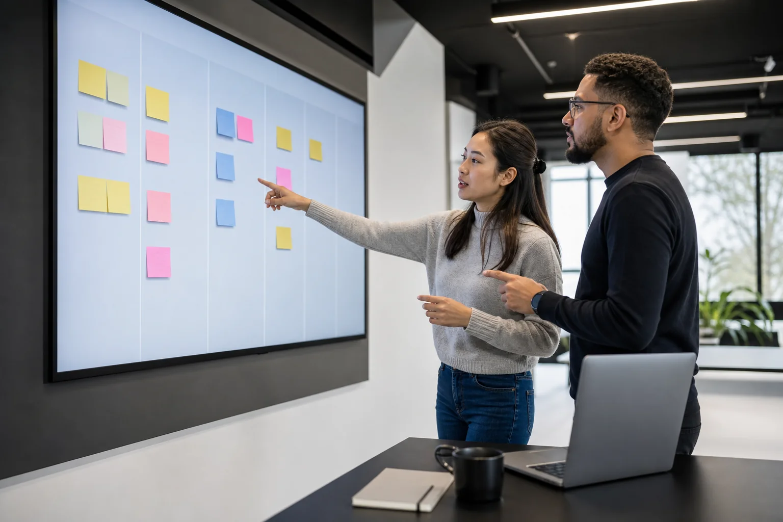 A visual representation of a structured agile workflow with a Kanban-style board and sticky notes on a large screen or wall. Photorealistic photo of a modern office wall covered with a large digital screen displaying a Kanban board with