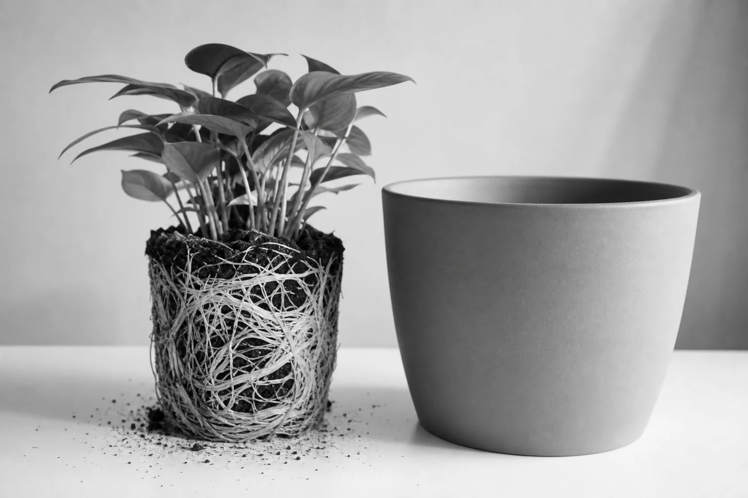 photorealistic photo of a small potted plant with roots visibly outgrowing its pot placed next to an empty larger pot ready for repotting, on a clean white surface, black and white monochrome styling with subtle high contrast, soft natural