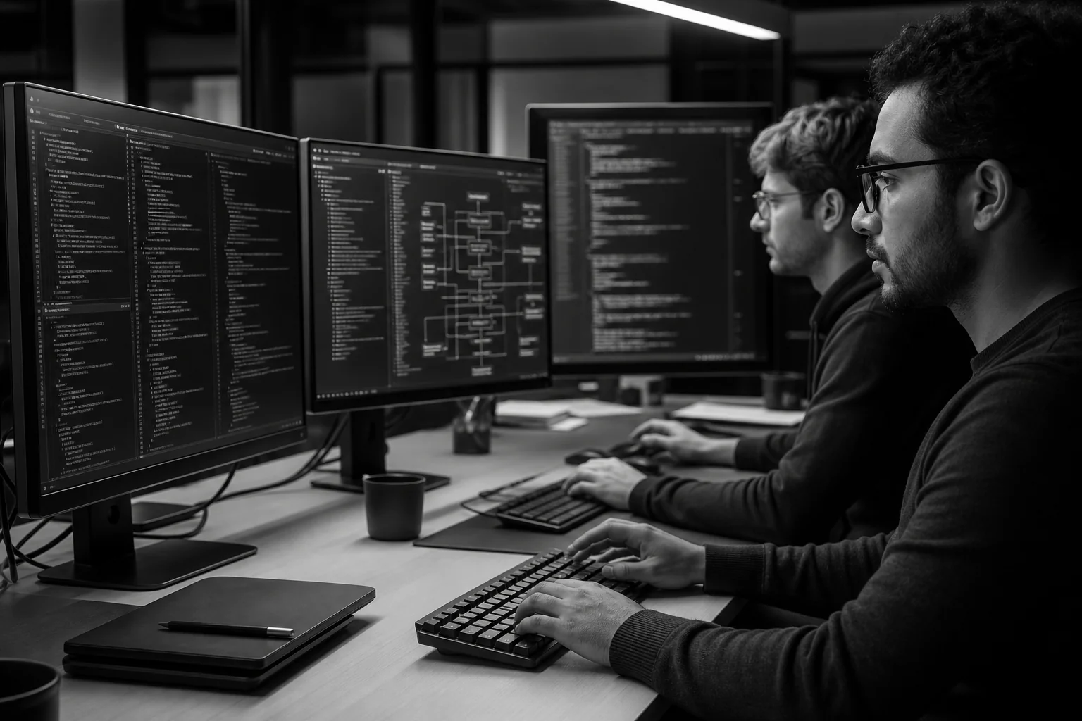 Developers collaborating on custom code for a scalable web application, representing the technical depth of a custom build. photorealistic photo of two software developers collaborating at a shared workstation with multiple monitors
