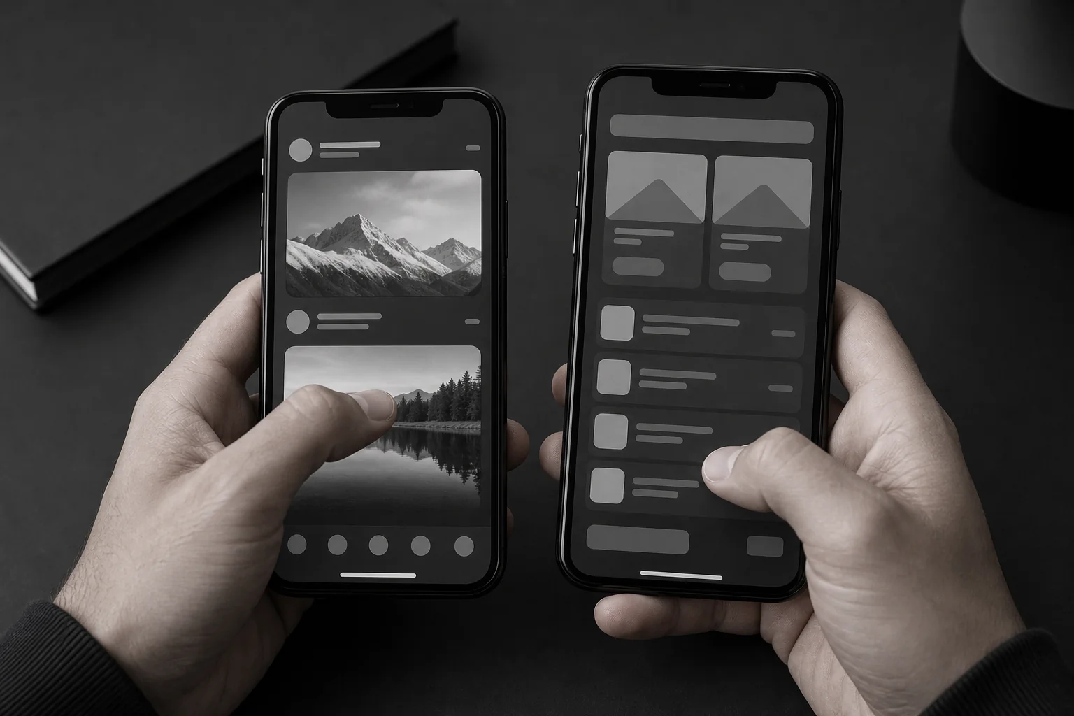 Close-up of hands comparing two smartphones running different app builds side by side on a desk. photorealistic close-up photo of two smartphones held side by side on a dark desk, each showing a different mobile app interface layout, hands