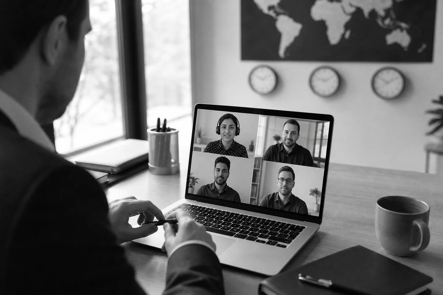 Remote team video call between a European founder and an overseas development team, world map or clock elements suggesting timezone overlap. photorealistic photo of a laptop screen on a desk showing a video conference call between a