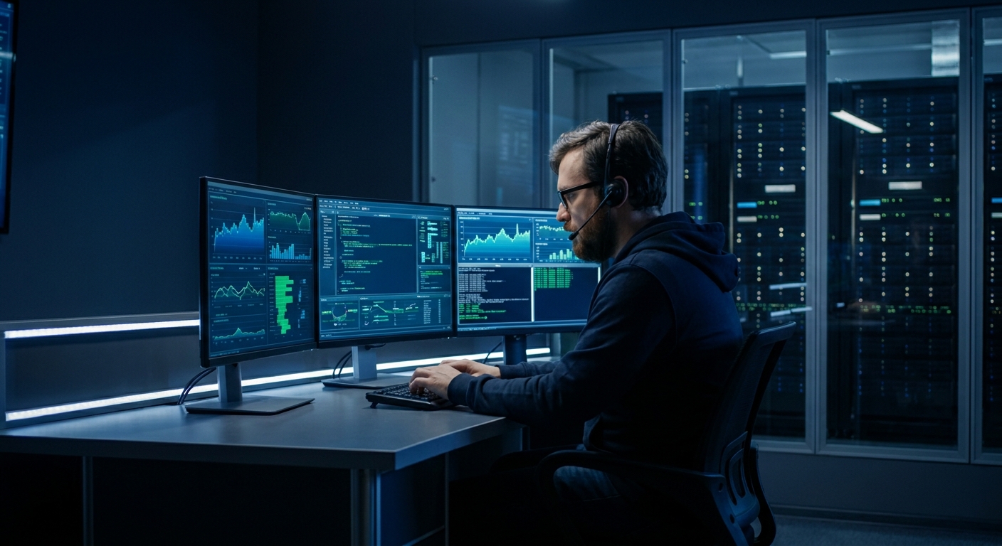 Development partner monitoring post-launch application performance on multi-screen dashboard