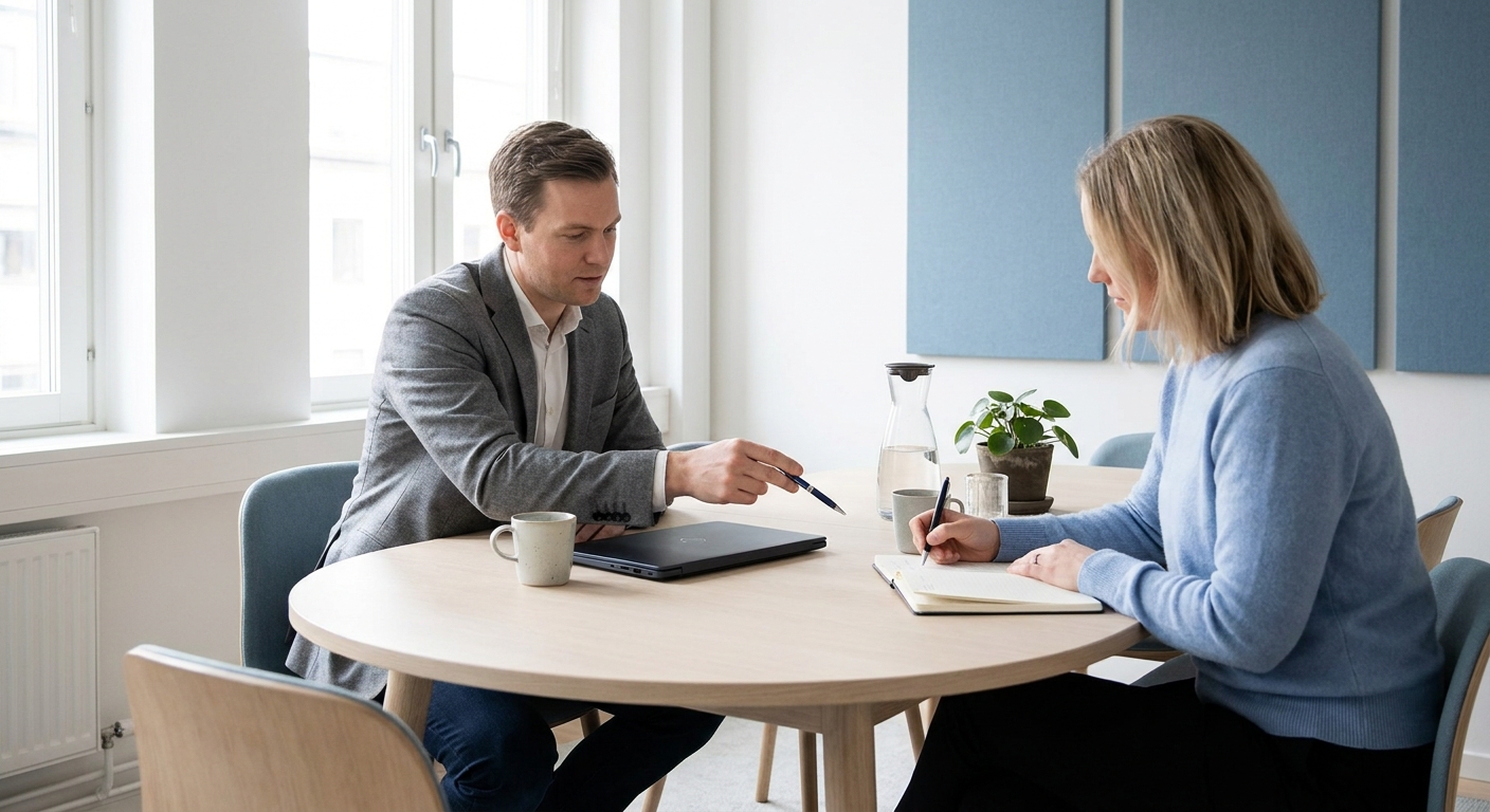 Business professionals evaluating a development partner proposal in a modern Scandinavian office