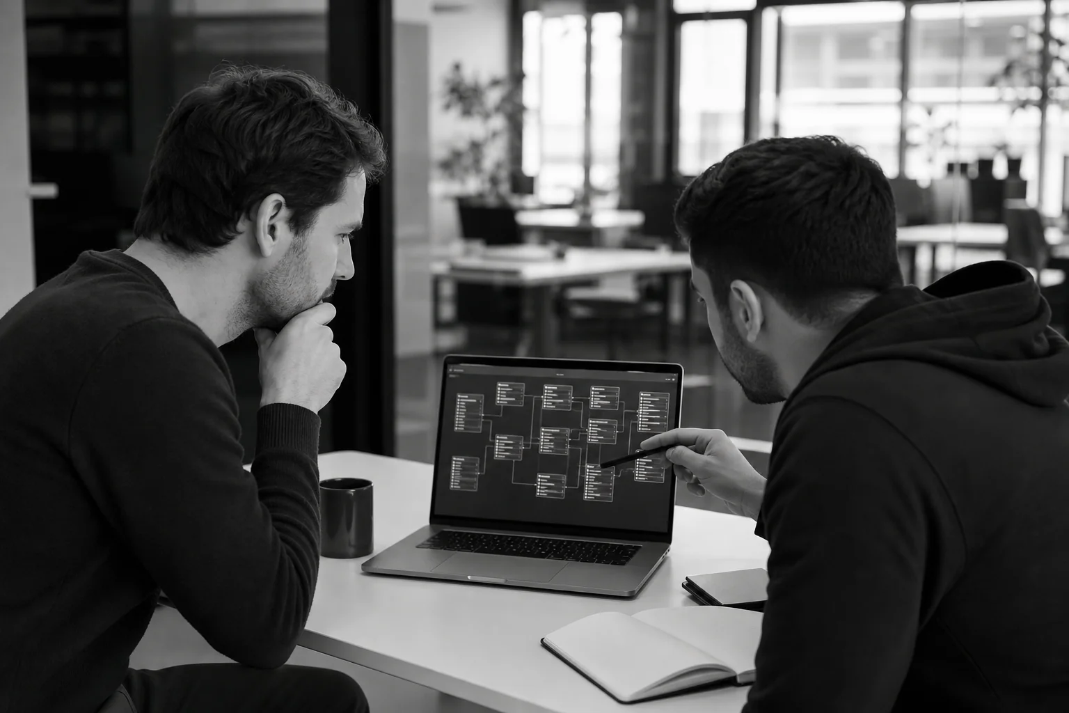 A founder and developer reviewing backend architecture diagrams on a laptop during an early planning session. Photorealistic photo of a startup founder and a software developer sitting at a minimalist desk, looking at a laptop screen
