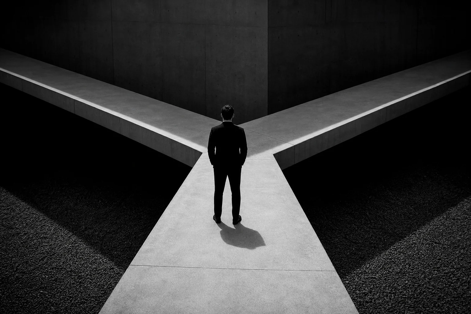 Photorealistic photo of two intersecting pathways in a minimalist architectural setting, symbolizing a decision point, stark black and white lighting with dramatic shadows, a person standing at the fork looking at both directions, high