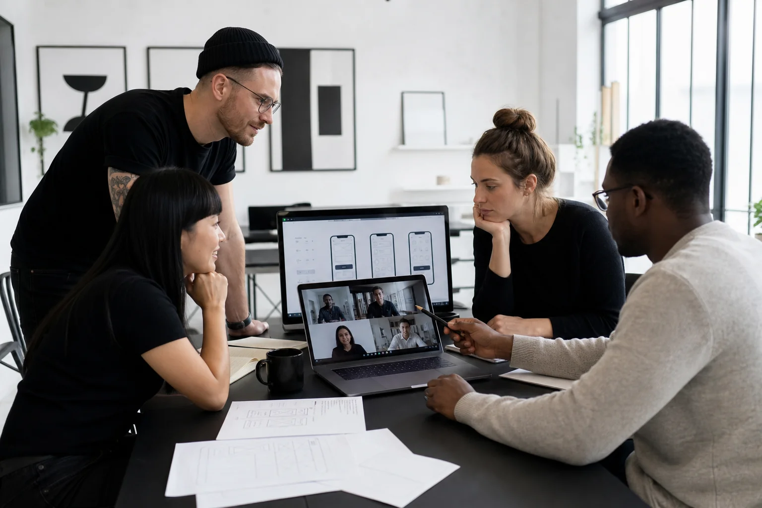 Photorealistic photo of a diverse small team of developers and designers in a bright modern studio office, gathered around a laptop on a video call, one screen showing wireframe sketches and prototypes, black and white minimalist decor