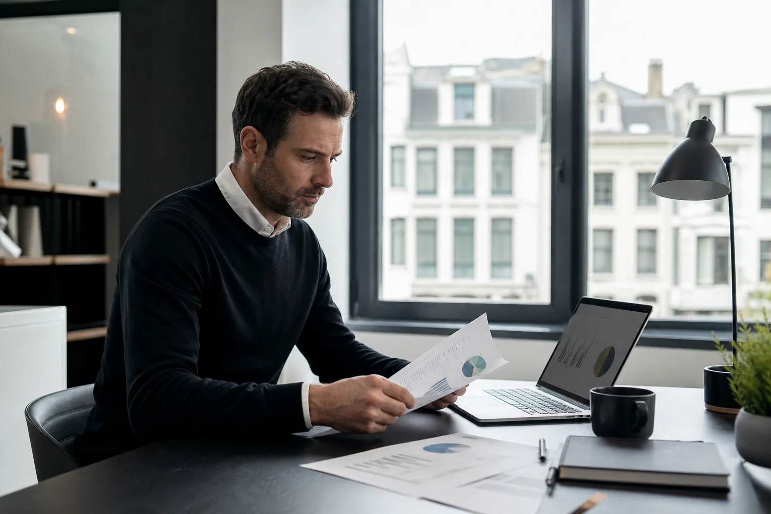 Photorealistic photo of a small business owner in a modern Brussels-style office, sitting at a desk reviewing printed proposal documents and a laptop showing charts, natural daylight from a large window, minimalist black and white color