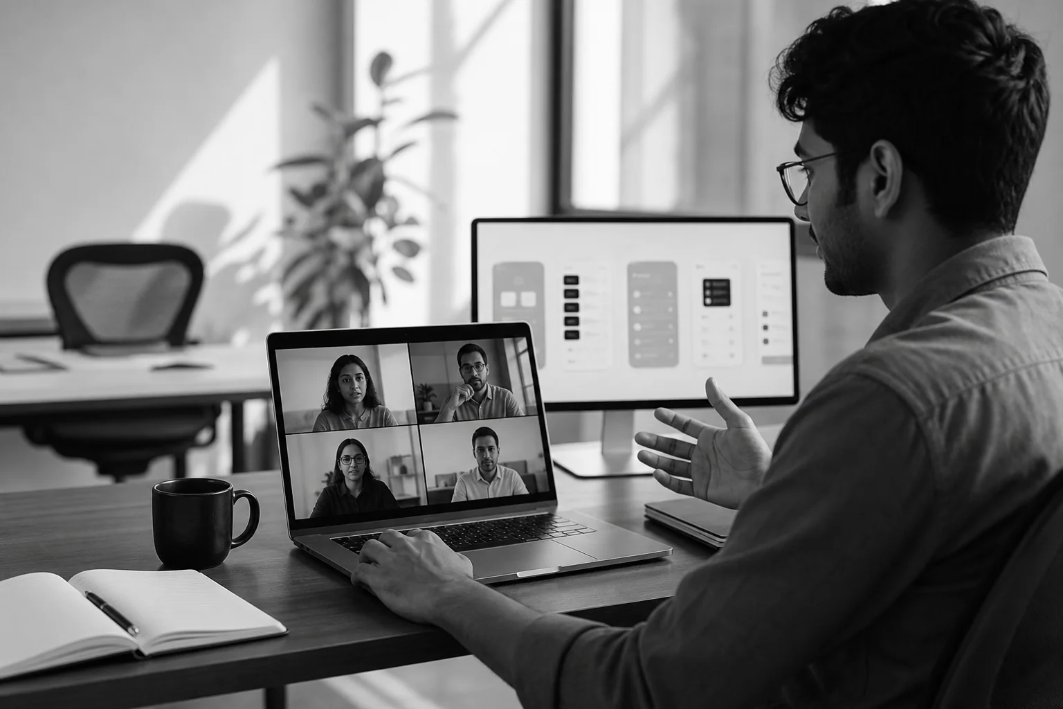 Photorealistic photo of a diverse remote software development team on a video call displayed on a laptop screen, one developer visible in a modern Indian office setting working late afternoon with natural light, clean minimalist desk, black
